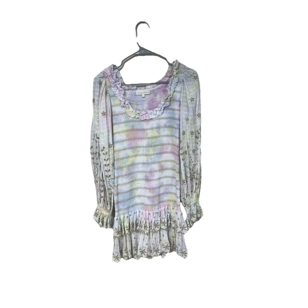 LoveShackFancy Celia Mini Dress Pastel Tie Dye Smocked Embroidered Ruffle Sz M - Picture 3 of 8